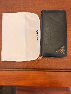 Prada Black Leather Zip Wallet with Gold Logo